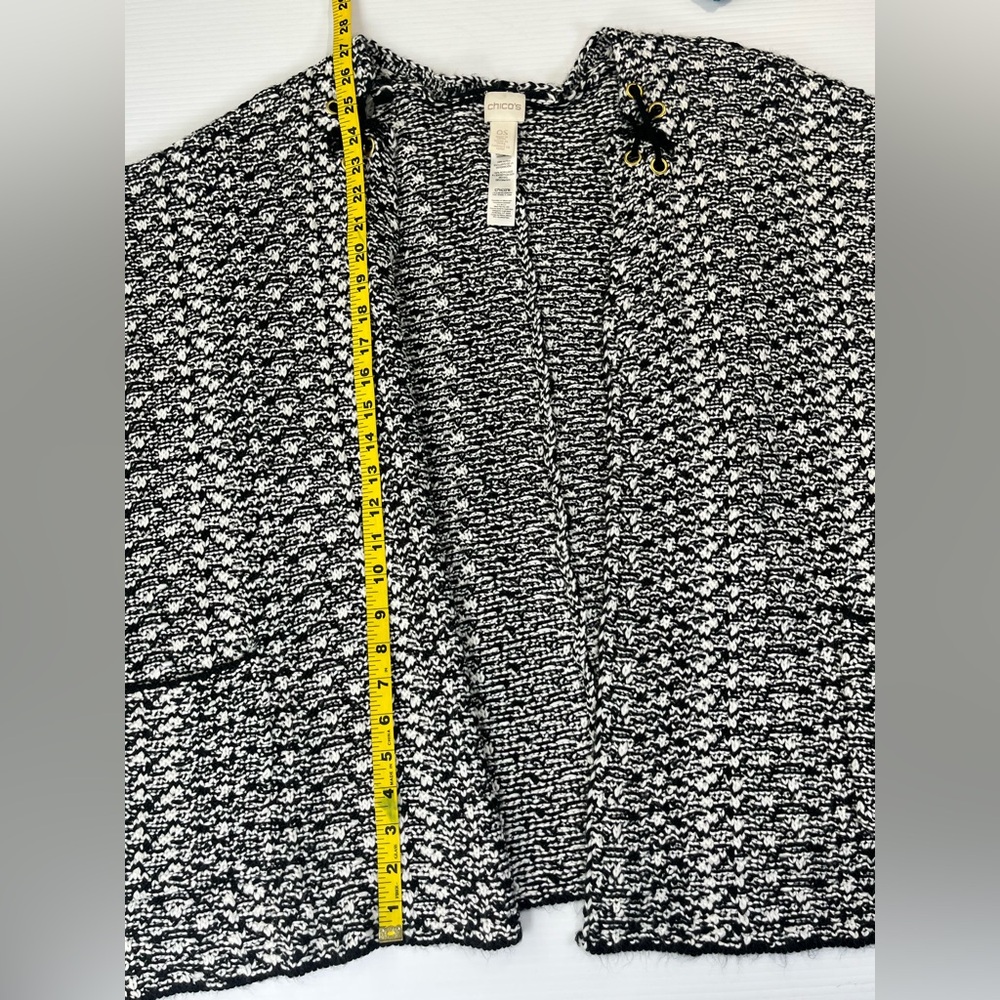 Chico’s OS Black White Monochrome Knit Cardigan Lace Up Neck Sweater SzOS - Picture 5 of 7